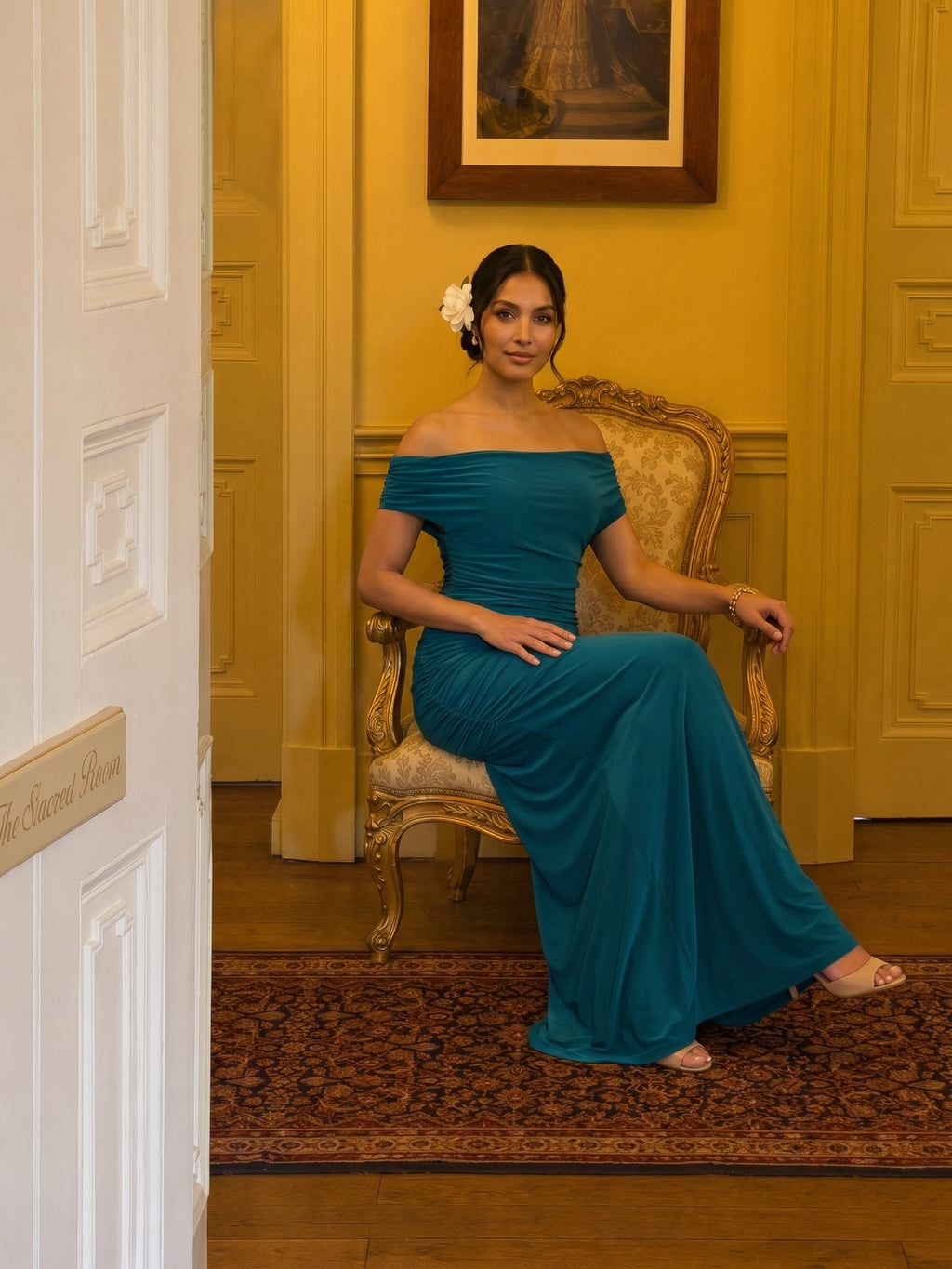 Elegant Teal Satin Mermaid Off-the-Shoulder Neckline Backless Ankle-Length with Pleated Bridesmaid Dress