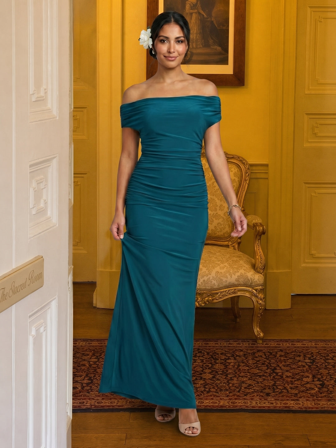 Elegant Teal Satin Mermaid Off-the-Shoulder Neckline Backless Ankle-Length with Pleated Bridesmaid Dress