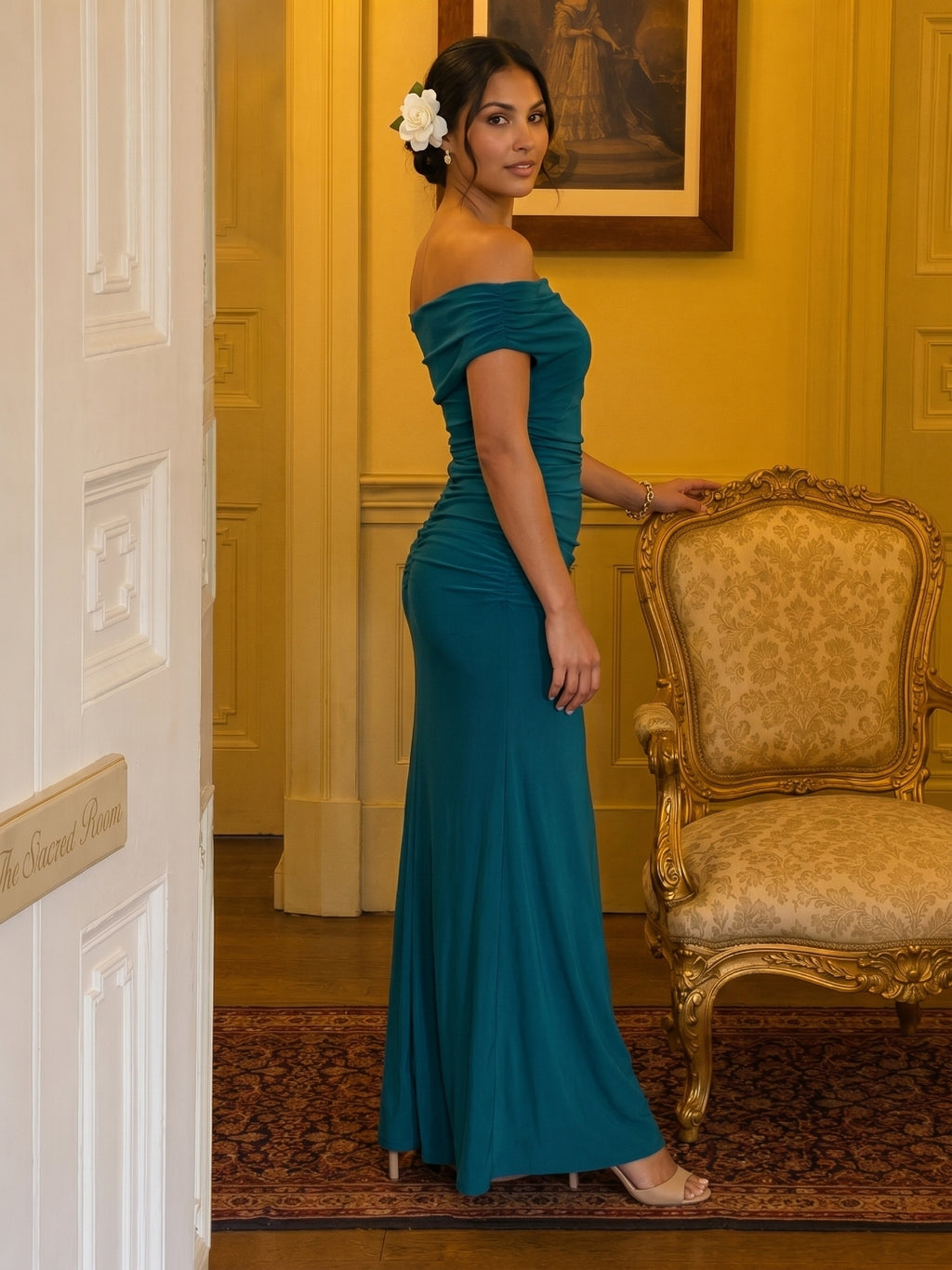 Elegant Teal Satin Mermaid Off-the-Shoulder Neckline Backless Ankle-Length with Pleated Bridesmaid Dress