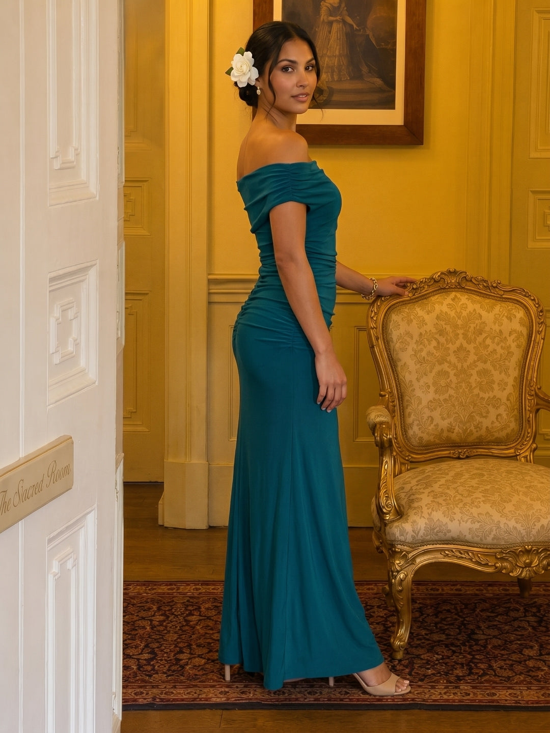 Elegant Teal Satin Mermaid Off-the-Shoulder Neckline Backless Ankle-Length with Pleated Bridesmaid Dress