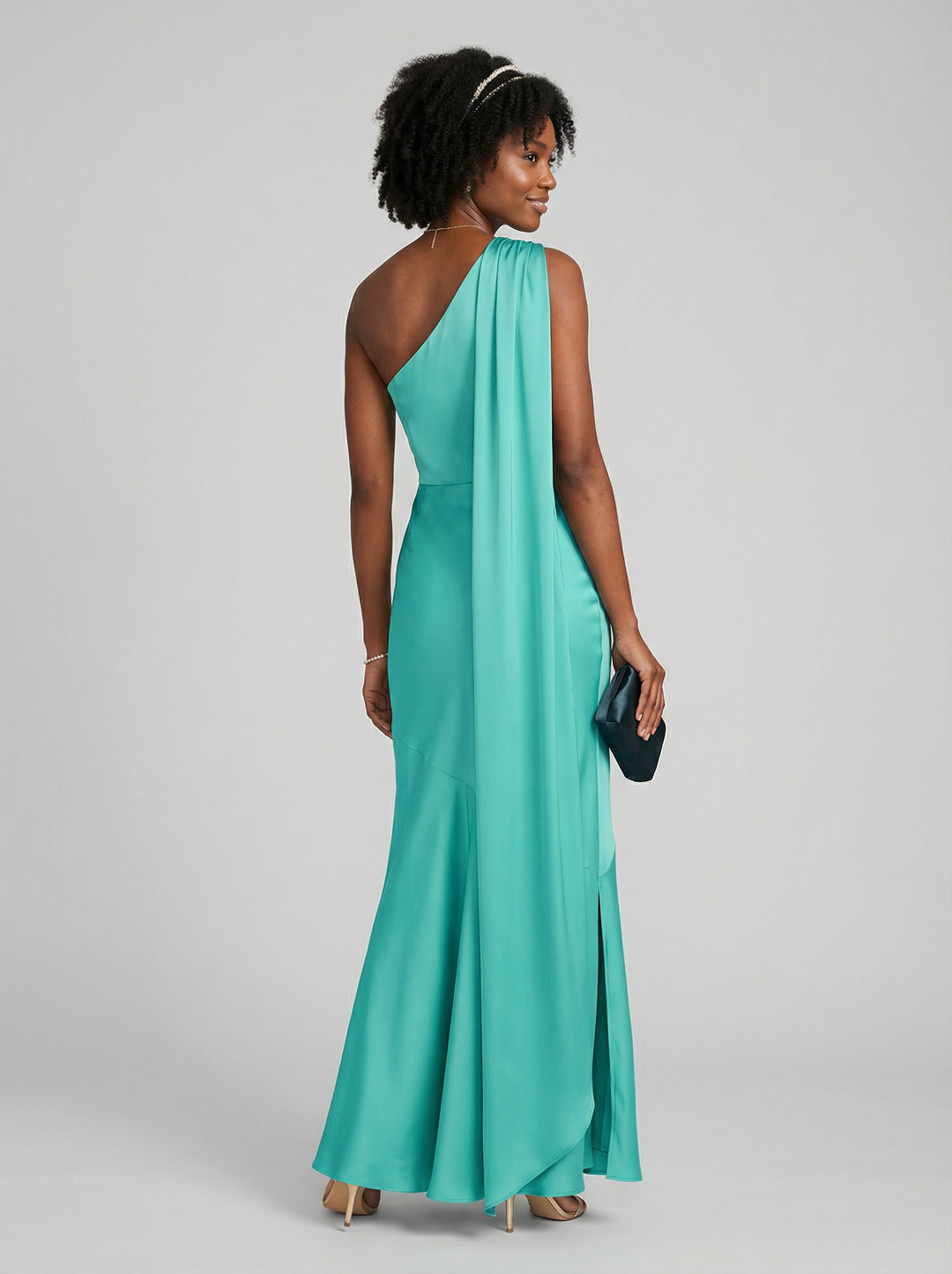 Elegant Teal Satin column One Shoulder Backless Ankle-Length Bridesmaid Dress