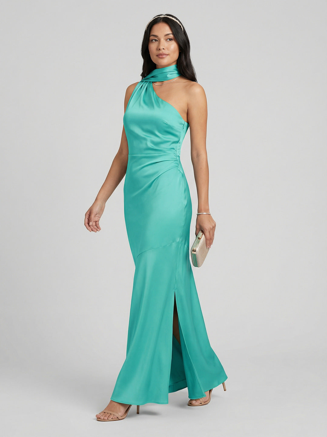 Elegant Teal Satin column One Shoulder Backless Ankle-Length Bridesmaid Dress