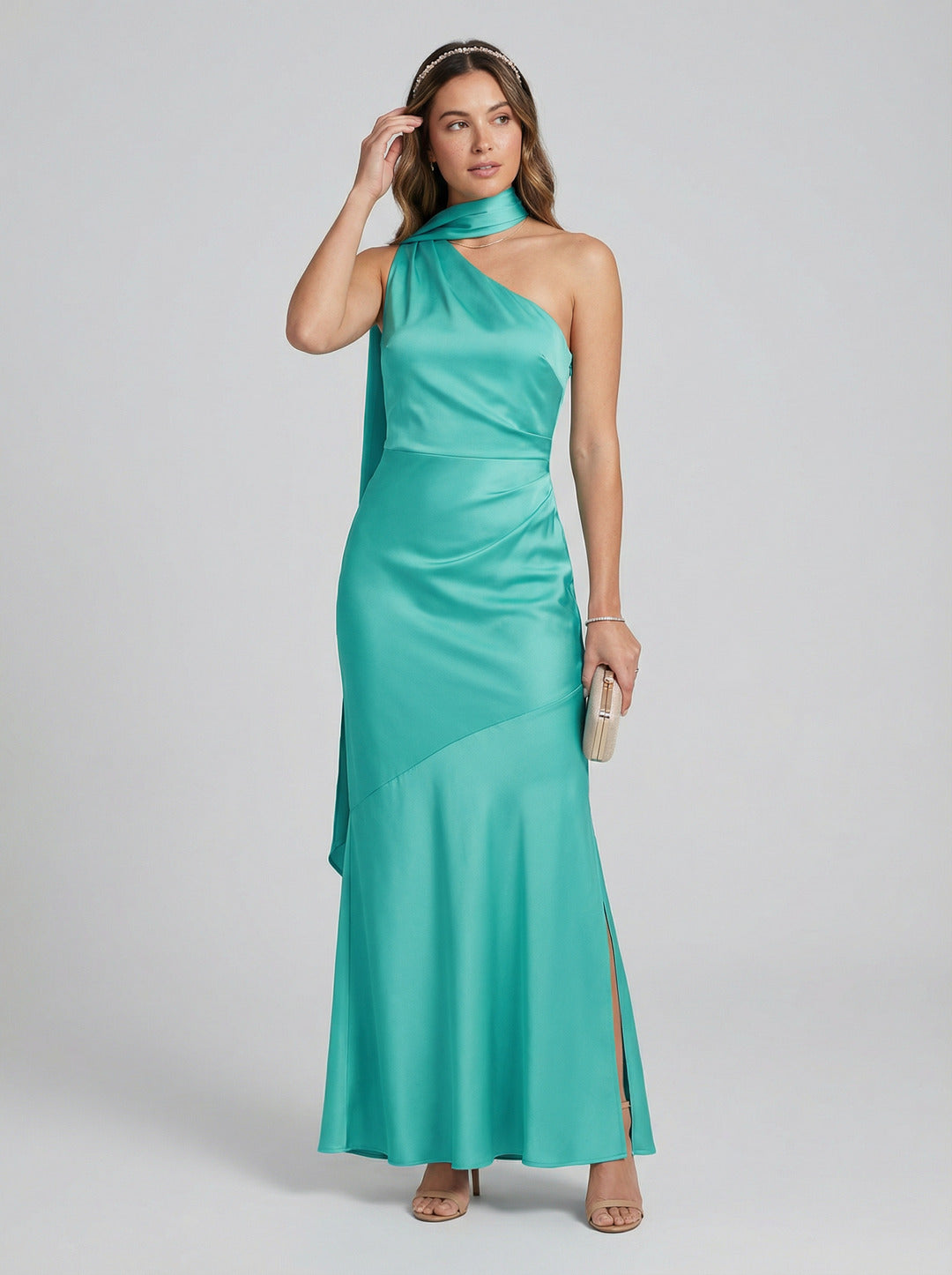 Elegant Teal Satin column One Shoulder Backless Ankle-Length Bridesmaid Dress