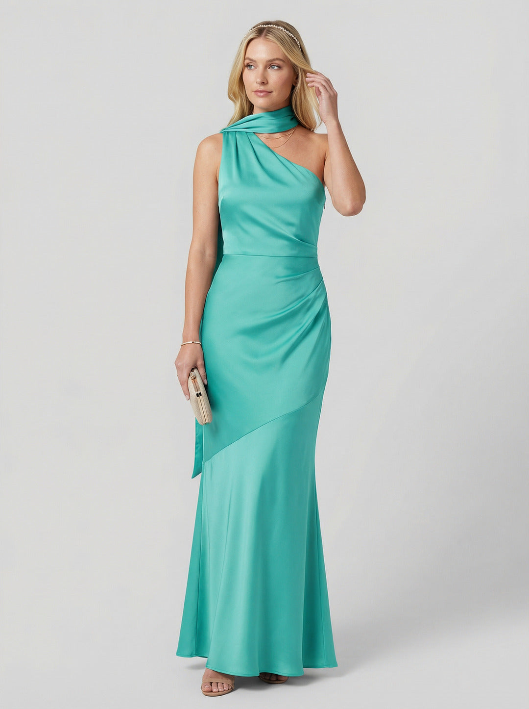 Elegant Teal Satin column One Shoulder Backless Ankle-Length Bridesmaid Dress