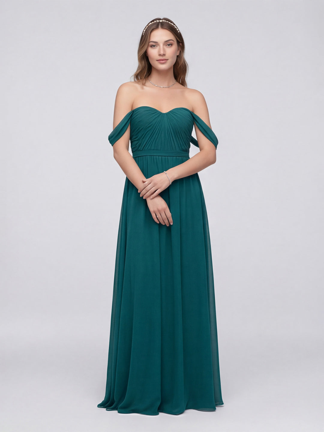 Elegant Teal Chiffon A-Line Off-the-Shoulder Back Zip Ankle-Length Bridesmaid Dress