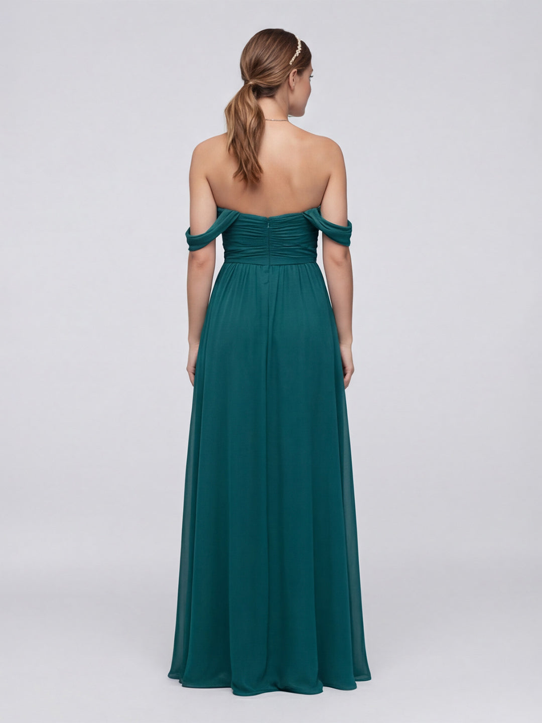 Elegant Teal Chiffon A-Line Off-the-Shoulder Back Zip Ankle-Length Bridesmaid Dress