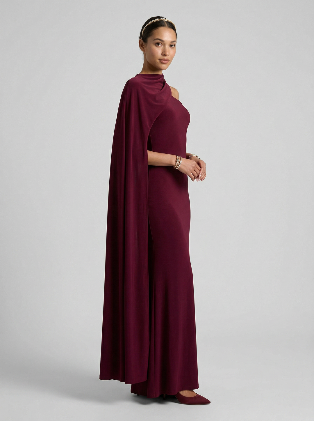 Elegant Burgundy Stretch Crepe column One Shoulder Ankle-Length Bridesmaid Dress