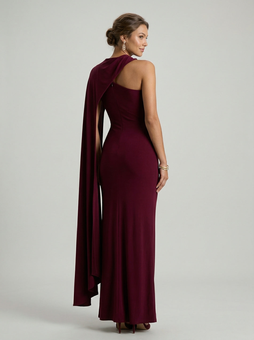 Elegant Burgundy Stretch Crepe column One Shoulder Ankle-Length Bridesmaid Dress