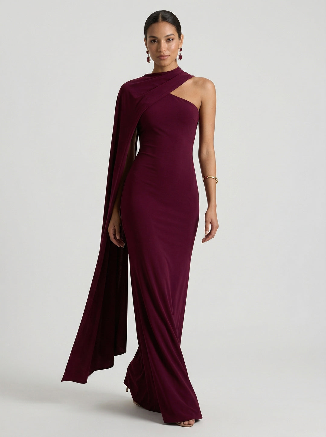 Elegant Burgundy Stretch Crepe column One Shoulder Ankle-Length Bridesmaid Dress