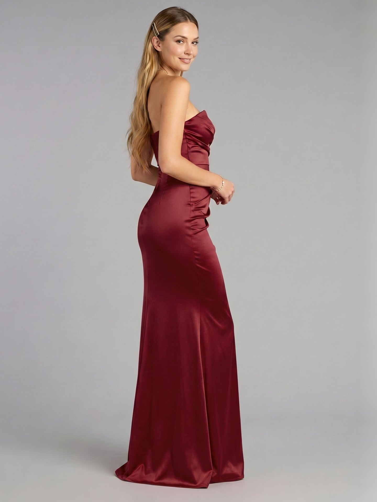 Elegant Wine Satin Mermaid Off-the-Shoulder Back Zip Ankle-Length Bridesmaid Dress
