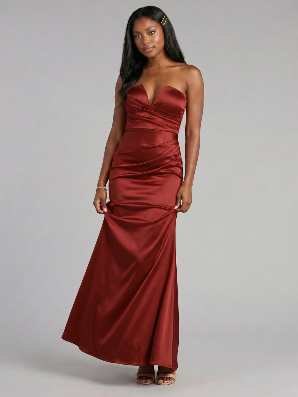 Elegant Wine Satin Mermaid Off-the-Shoulder Back Zip Ankle-Length Bridesmaid Dress