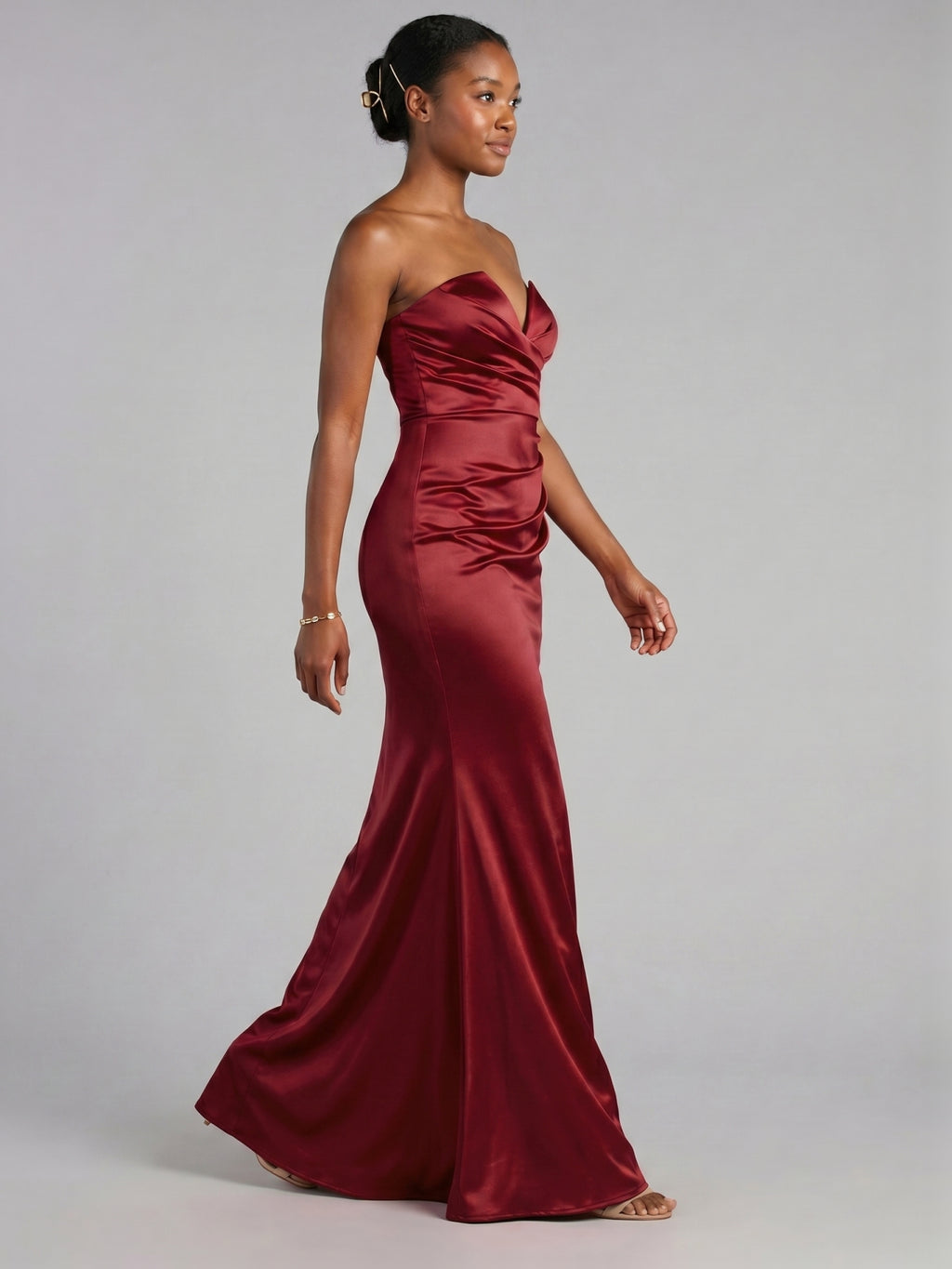 Elegant Wine Satin Mermaid Off-the-Shoulder Back Zip Ankle-Length Bridesmaid Dress