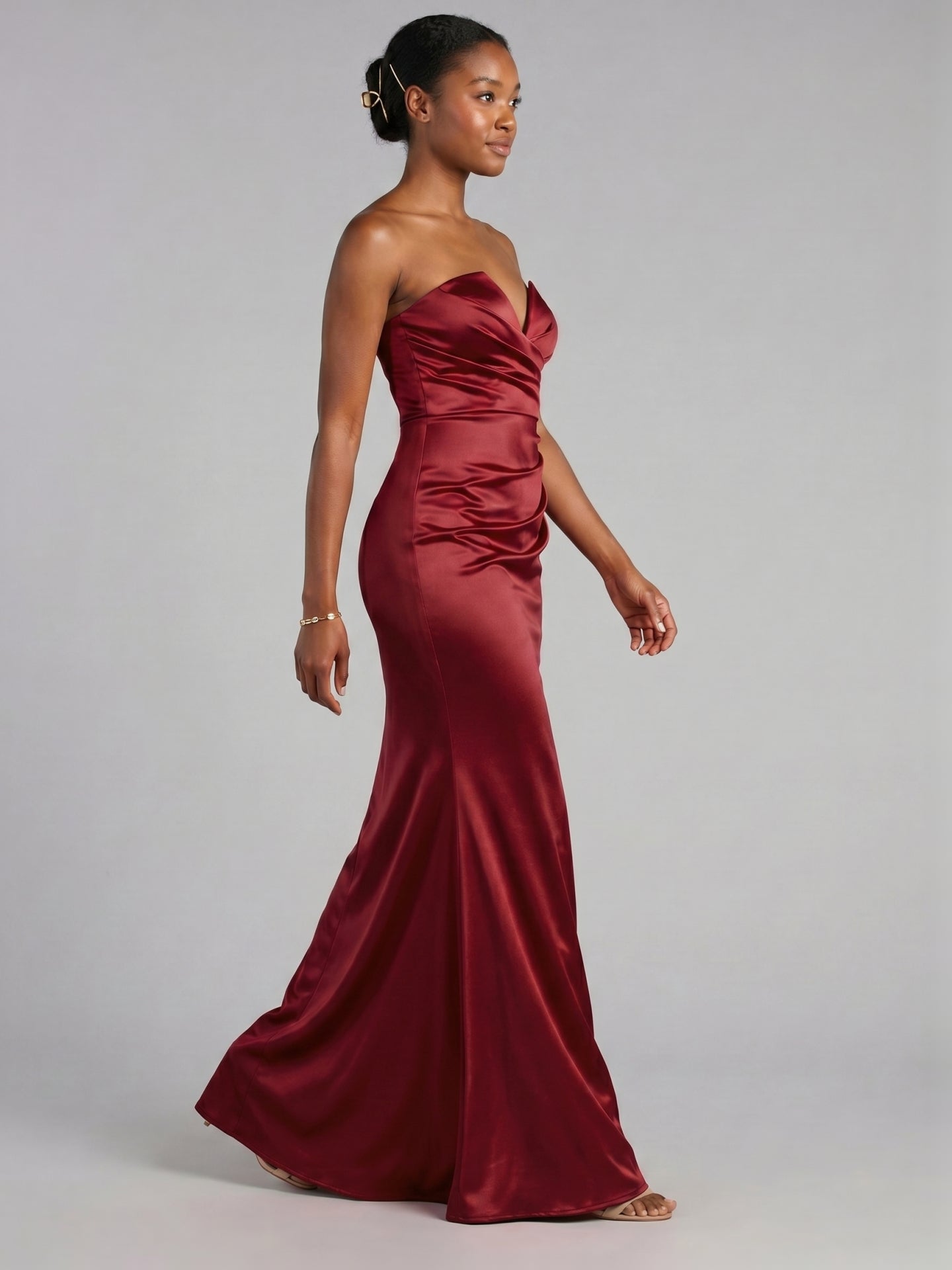 Elegant Wine Satin Mermaid Off-the-Shoulder Back Zip Ankle-Length Bridesmaid Dress