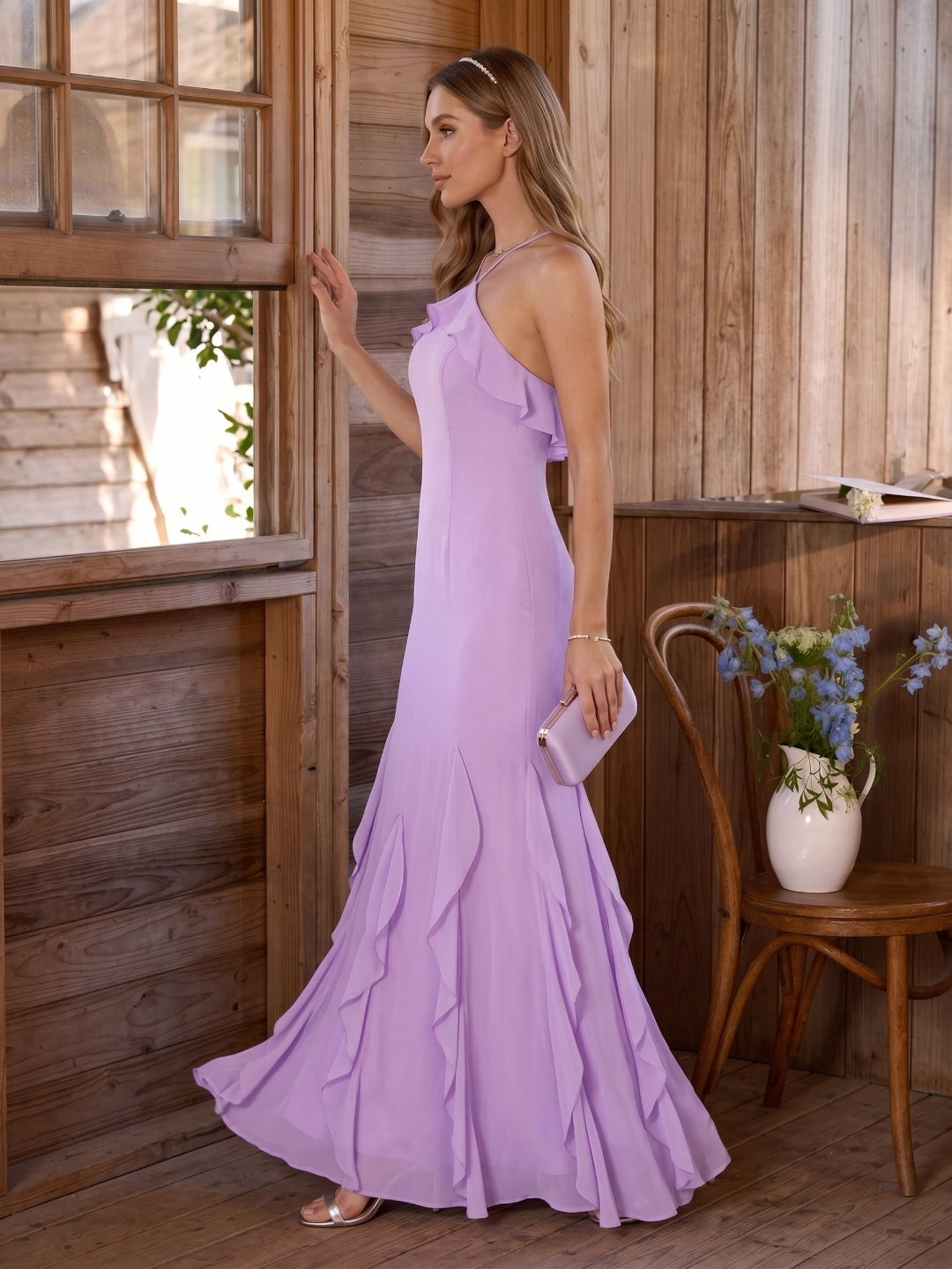 Elegant Wisteria Chiffon Trumpet Halter neckline Ankle-Length Bridesmaid Dress