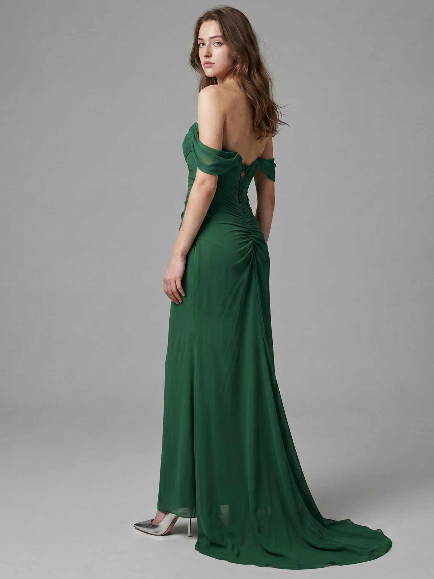 Emerald Chiffon Trumpet Off-the-Shoulder Backless Floor-Length Pleated Bridesmaid Dress