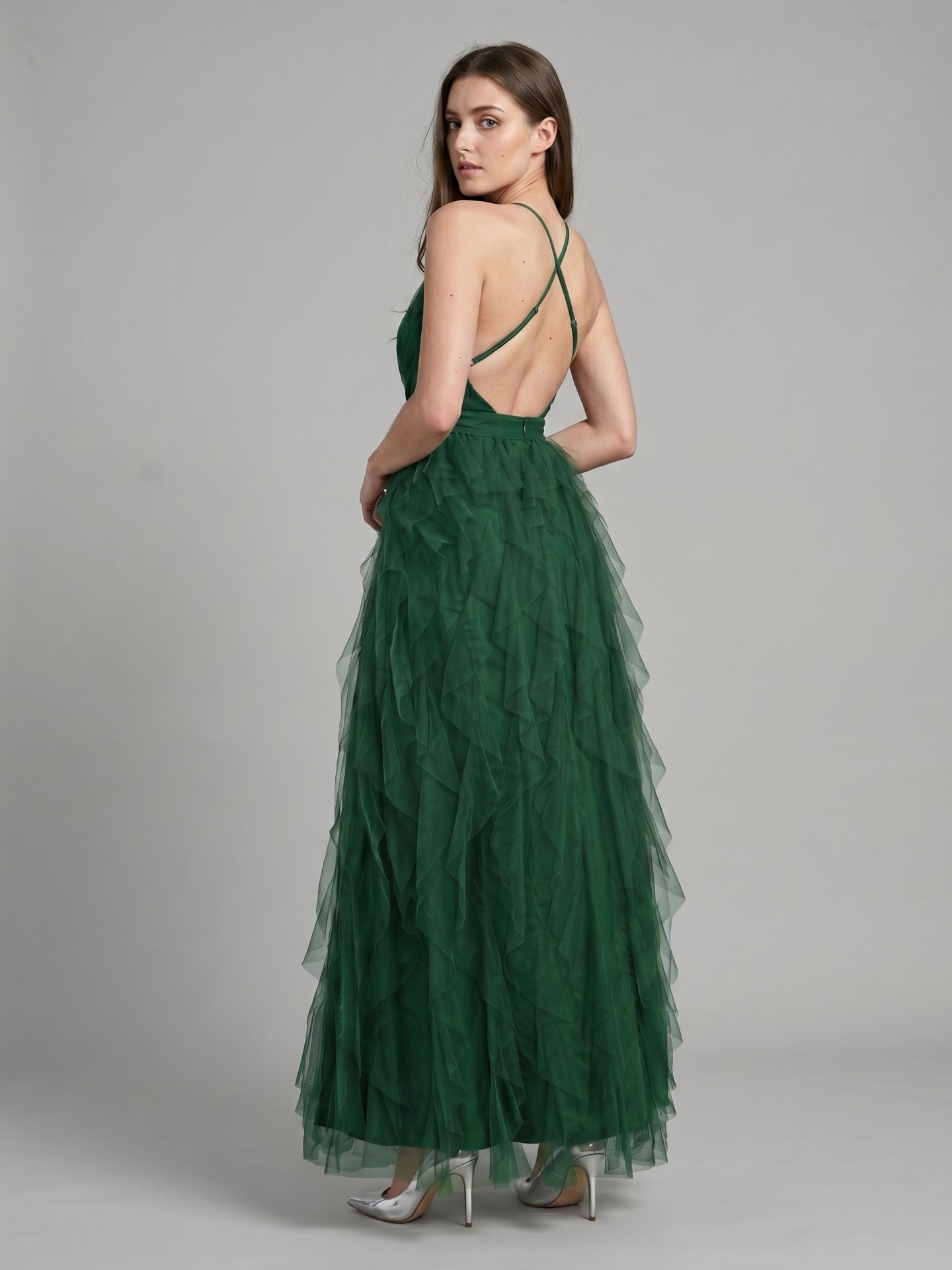 Emerald Tulle A-Line V-Neck Criss-Cross Back Floor-Length Cascading Ruffle Dress