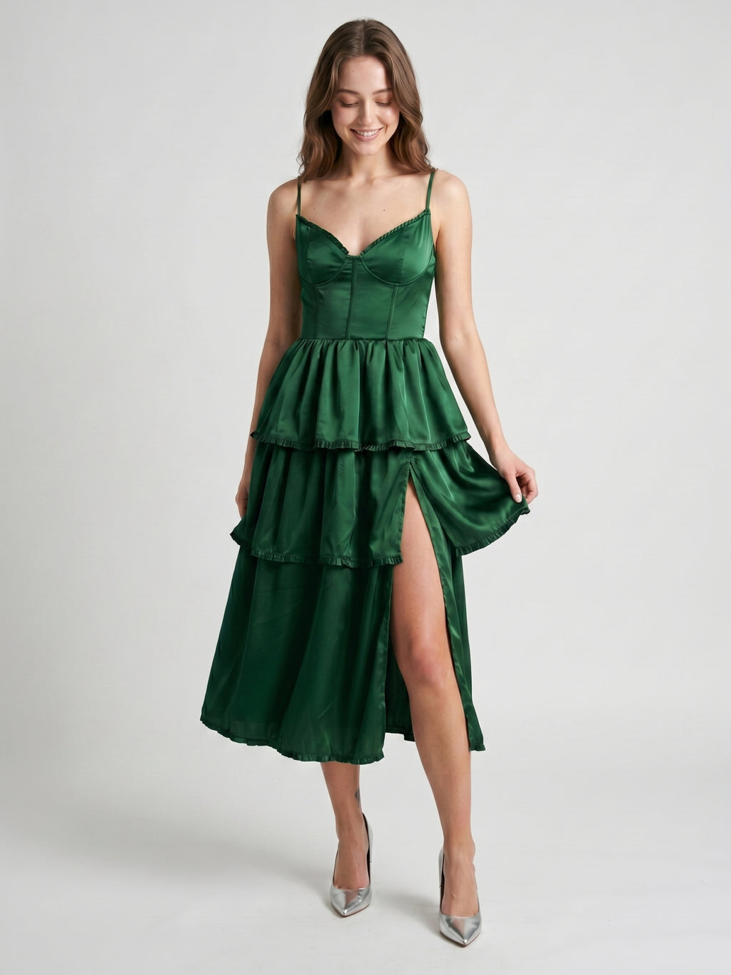 Emerald Satin A-Line Sweetheart Lace-Up Back Tea-Length Cascading Ruffle Dress