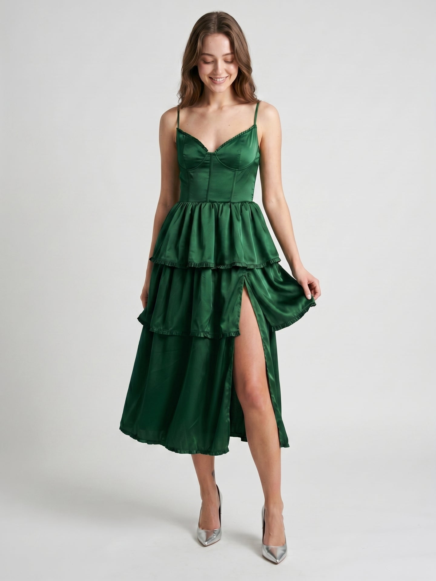 Emerald Satin A-Line Sweetheart Lace-Up Back Tea-Length Cascading Ruffle Dress