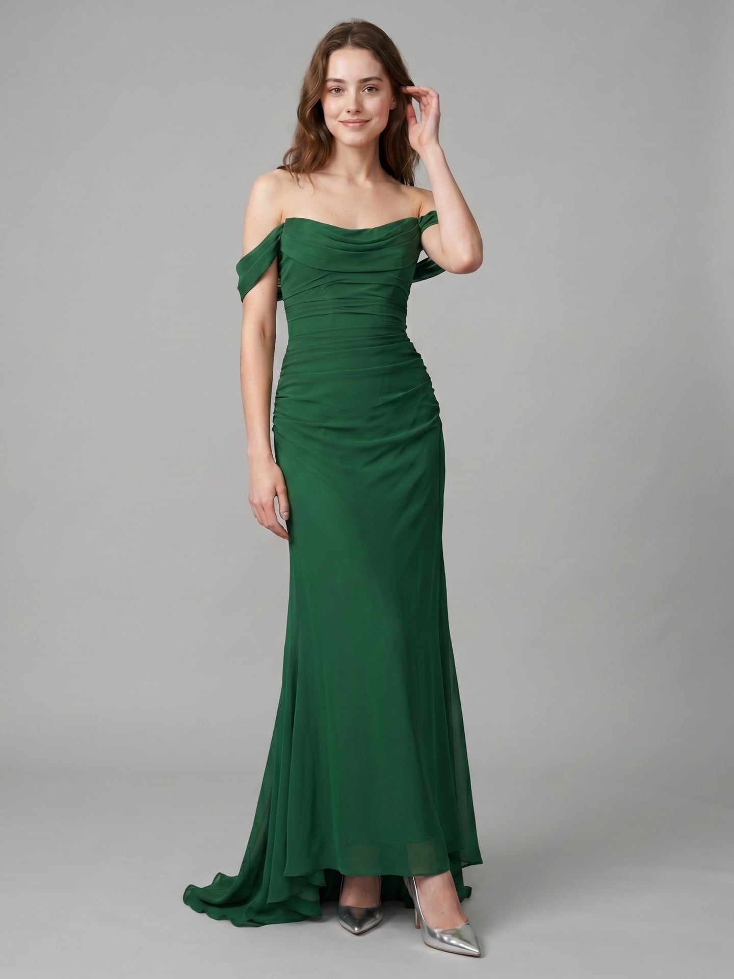 Emerald Chiffon Trumpet Off-the-Shoulder Backless Floor-Length Pleated Bridesmaid Dress