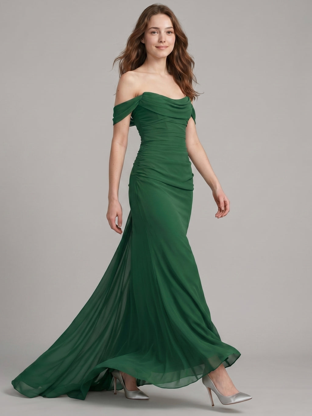 Emerald Chiffon Trumpet Off-the-Shoulder Backless Floor-Length Pleated Bridesmaid Dress