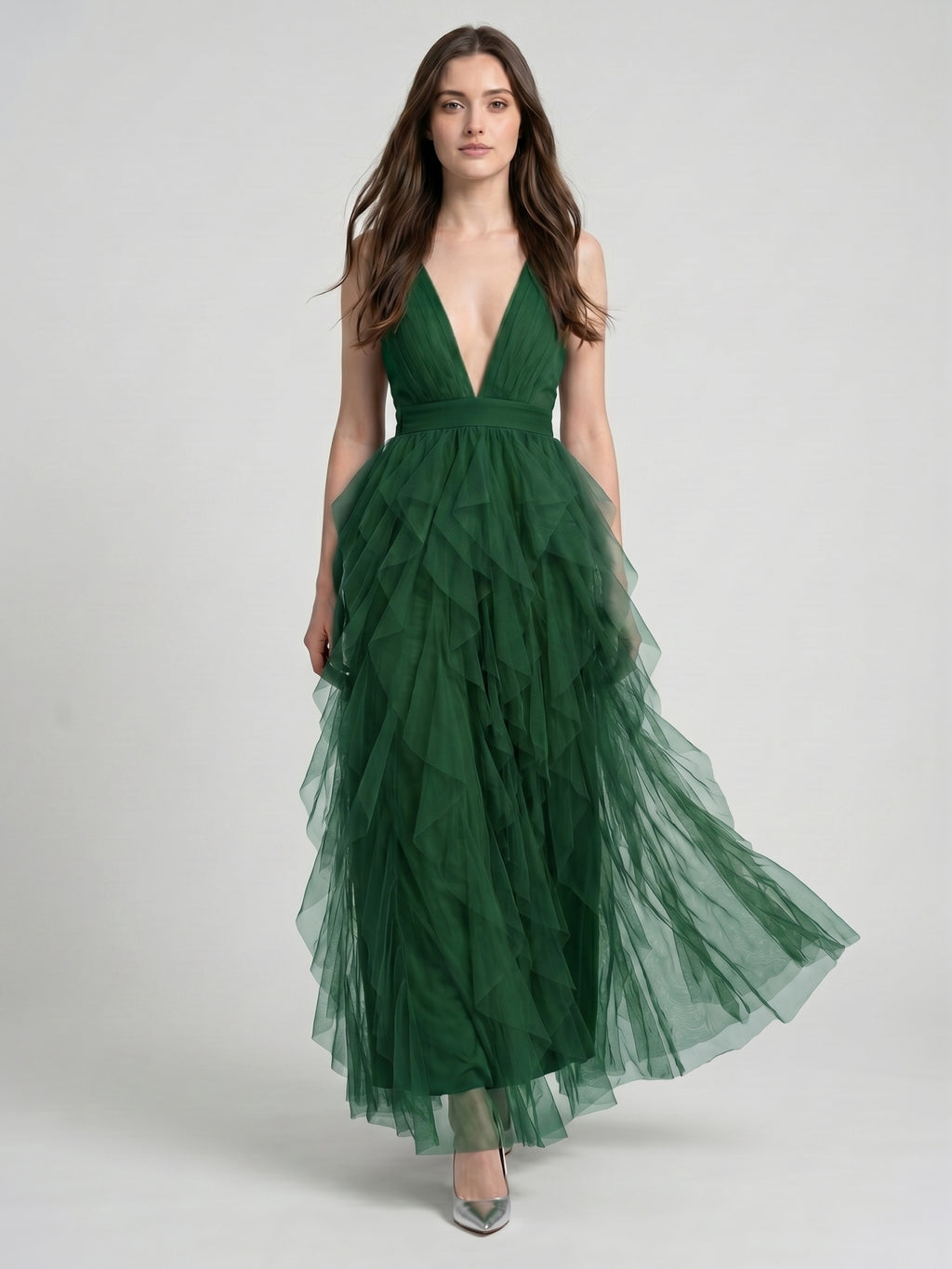 Emerald Tulle A-Line V-Neck Criss-Cross Back Floor-Length Cascading Ruffle Dress