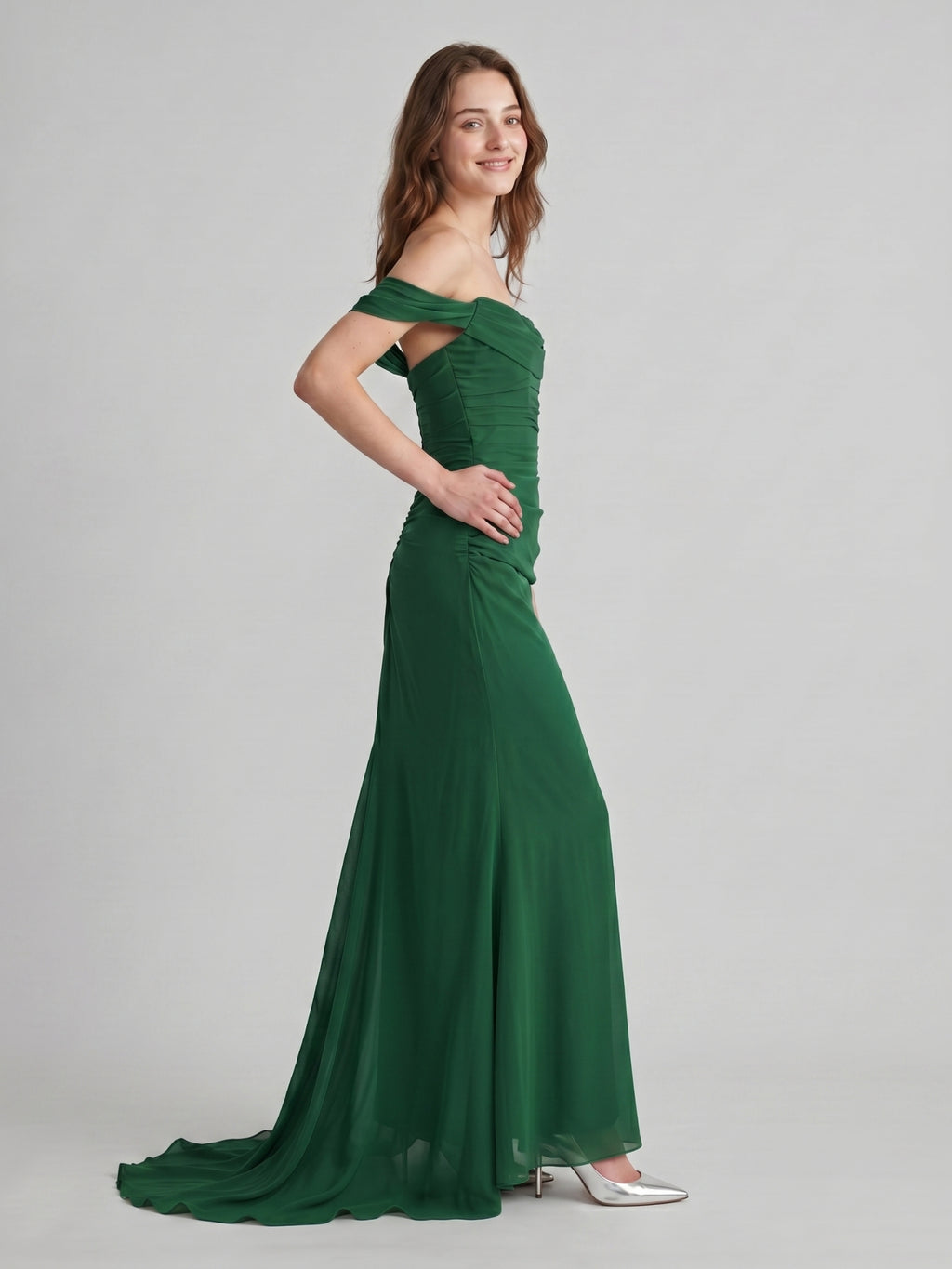 Emerald Chiffon Trumpet Off-the-Shoulder Backless Floor-Length Pleated Bridesmaid Dress