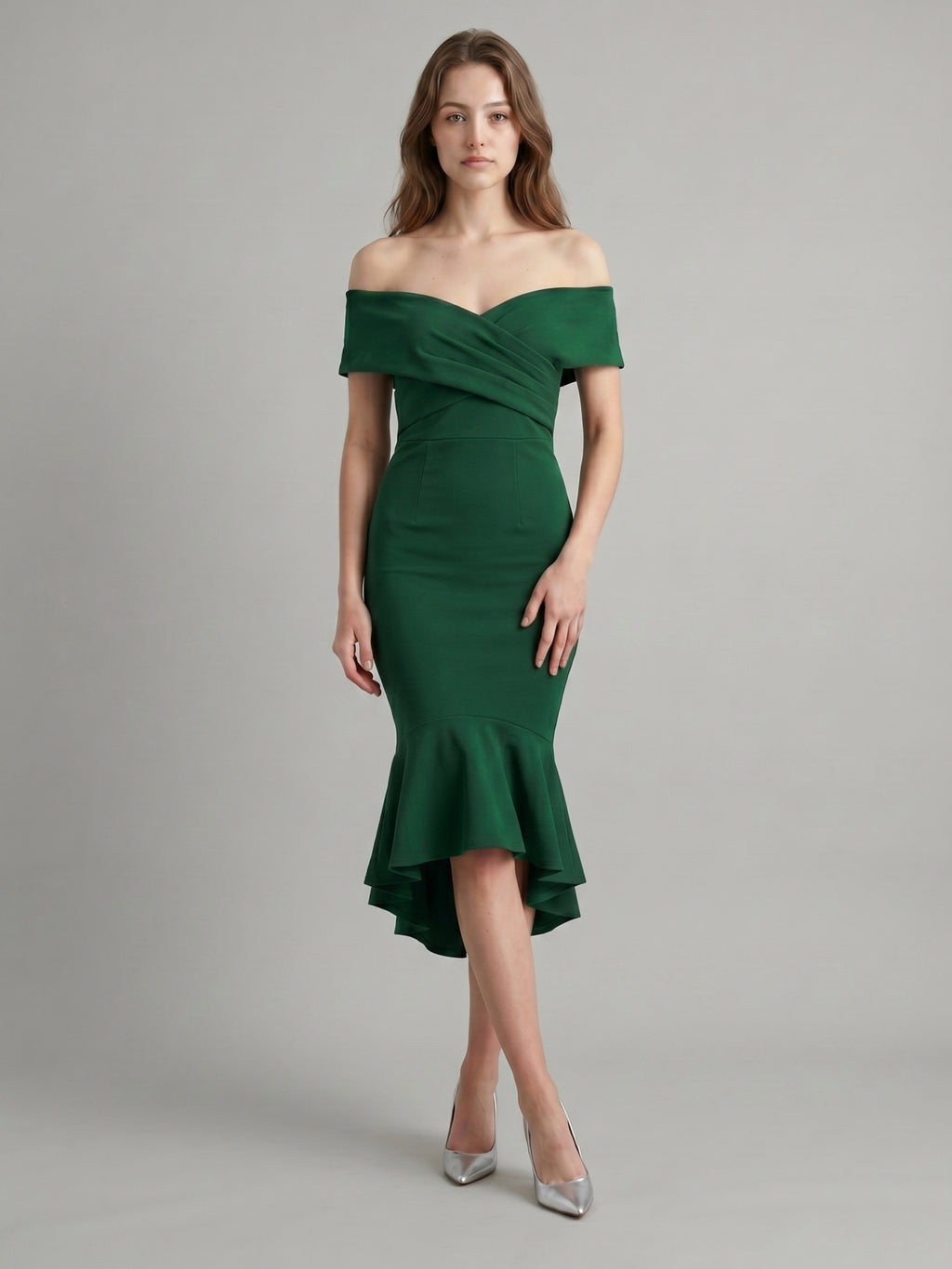 Emerald Stretch Knit Mermaid Off-the-Shoulder Back Zip Knee-Length Ruffle Dress