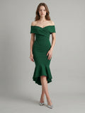 Emerald Stretch Knit Mermaid Off-the-Shoulder Back Zip Knee-Length Ruffle Dress