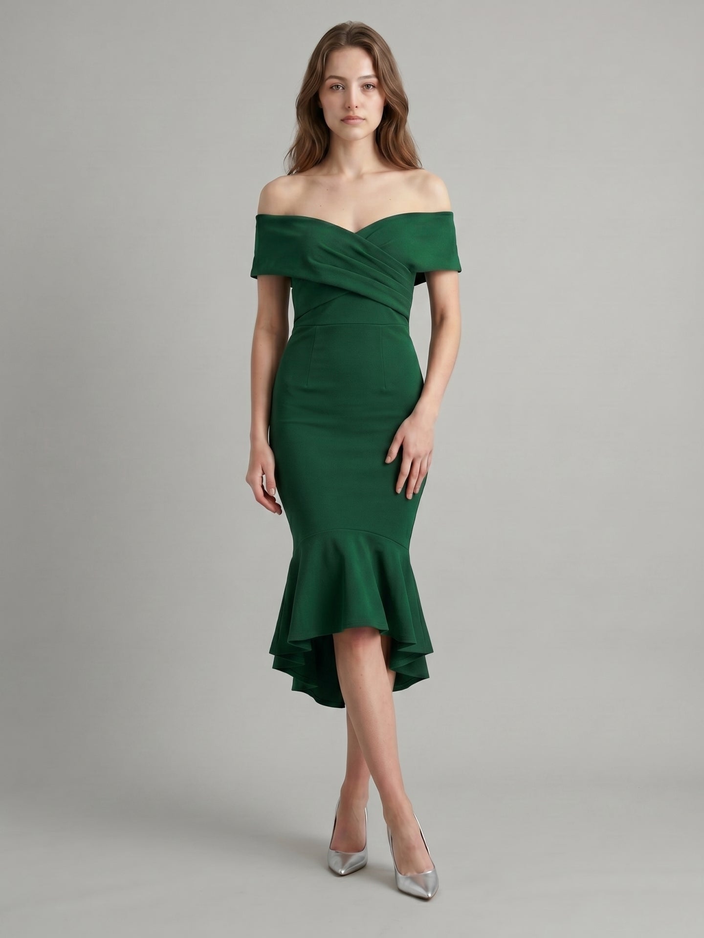 Emerald Stretch Knit Mermaid Off-the-Shoulder Back Zip Knee-Length Ruffle Dress