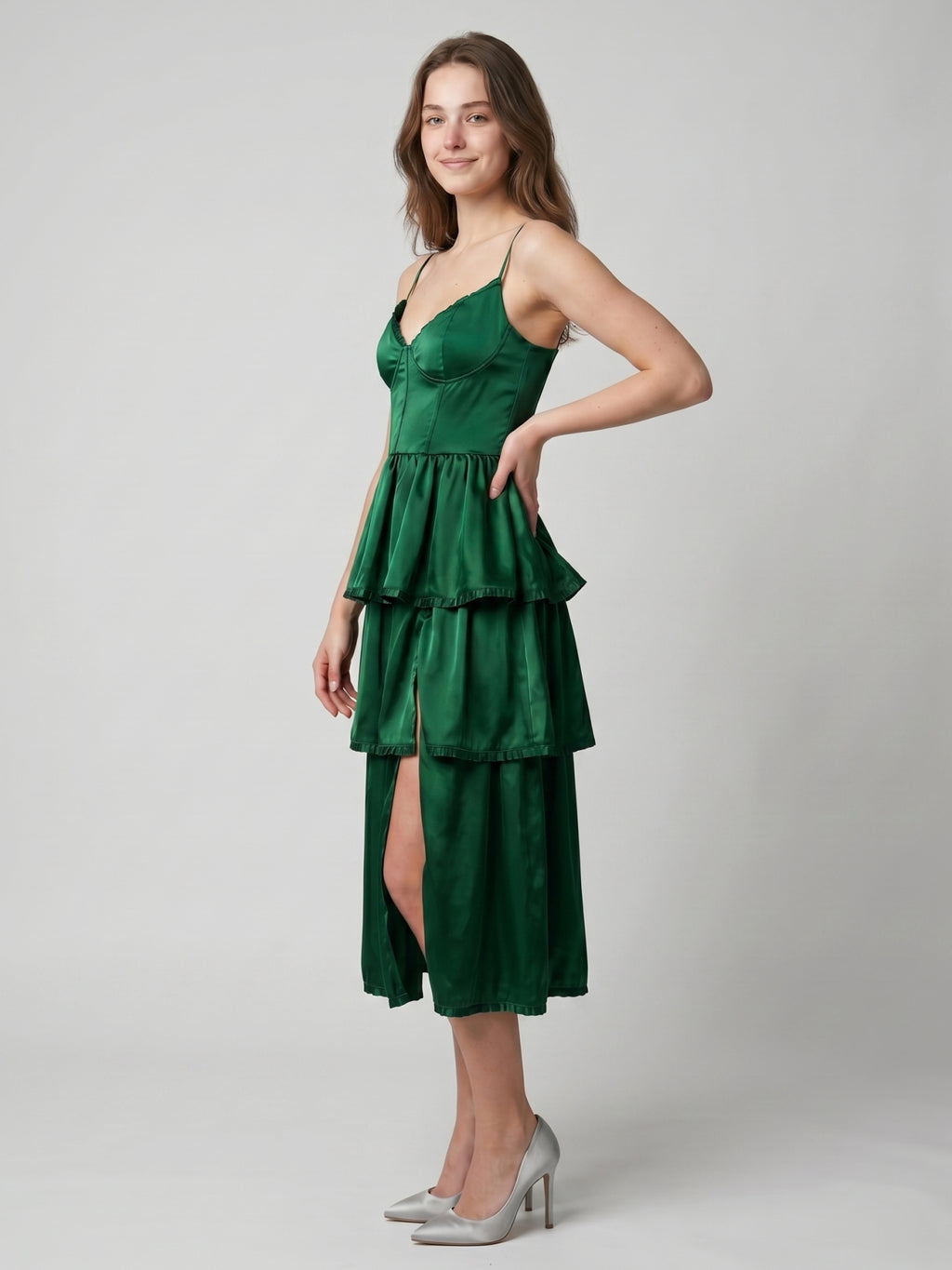 Emerald Satin A-Line Sweetheart Lace-Up Back Tea-Length Cascading Ruffle Dress