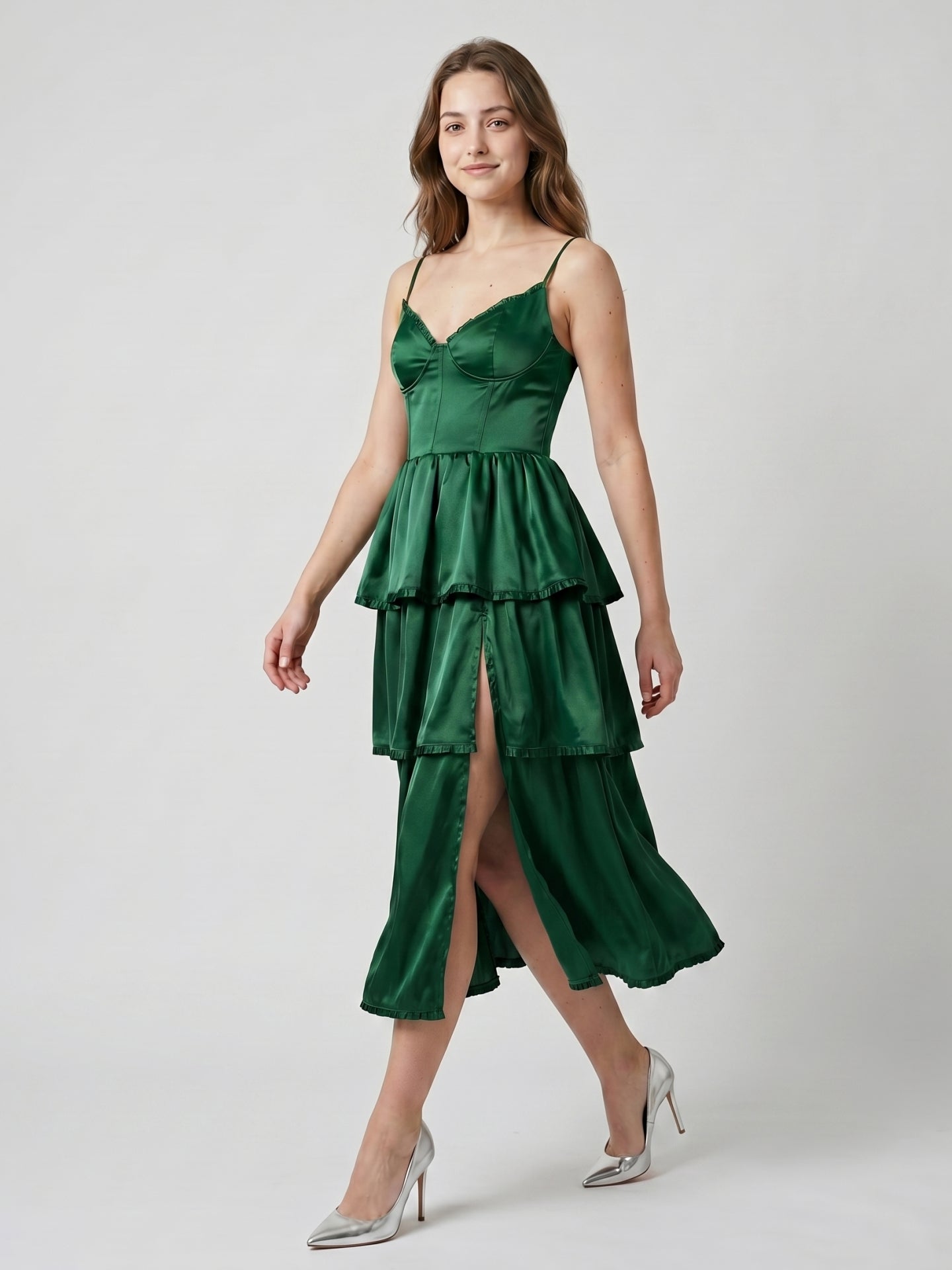 Emerald Satin A-Line Sweetheart Lace-Up Back Tea-Length Cascading Ruffle Dress
