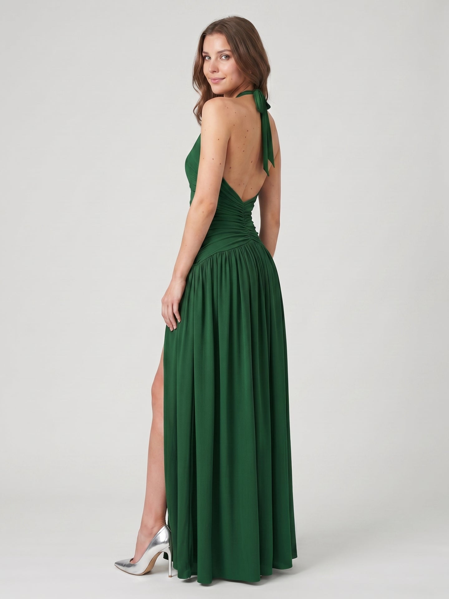 Emerald Stretch Knit A-Line V-Neck Backless Floor-Length Pleated Bridesmaid Dress