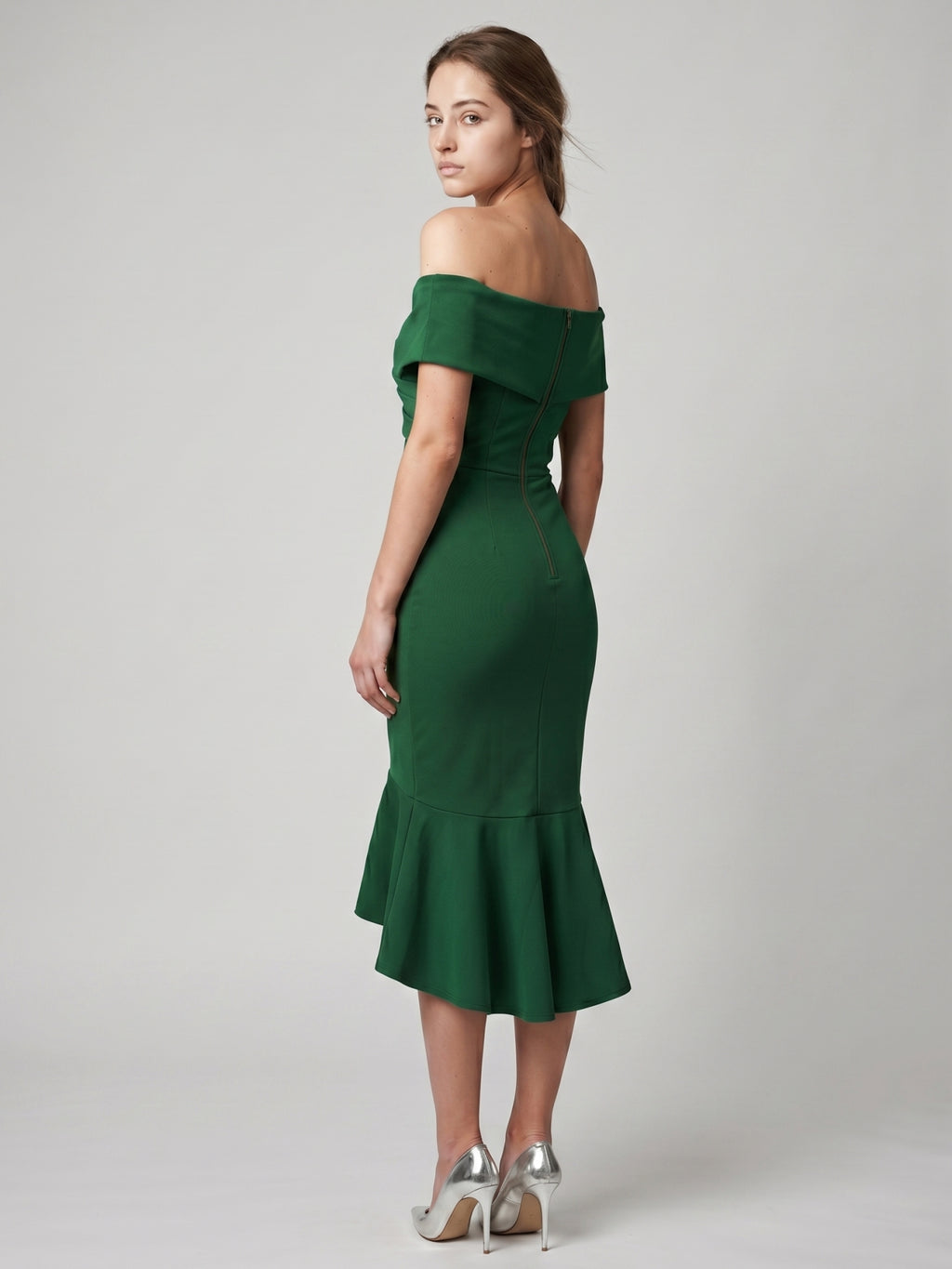 Emerald Stretch Knit Mermaid Off-the-Shoulder Back Zip Knee-Length Ruffle Dress