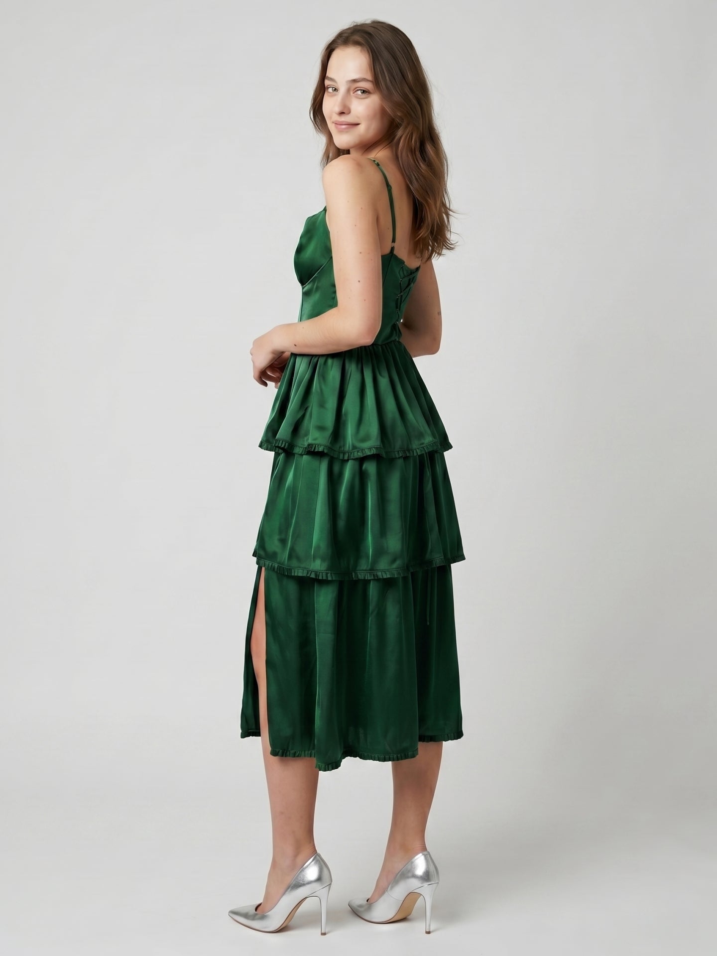 Emerald Satin A-Line Sweetheart Lace-Up Back Tea-Length Cascading Ruffle Dress