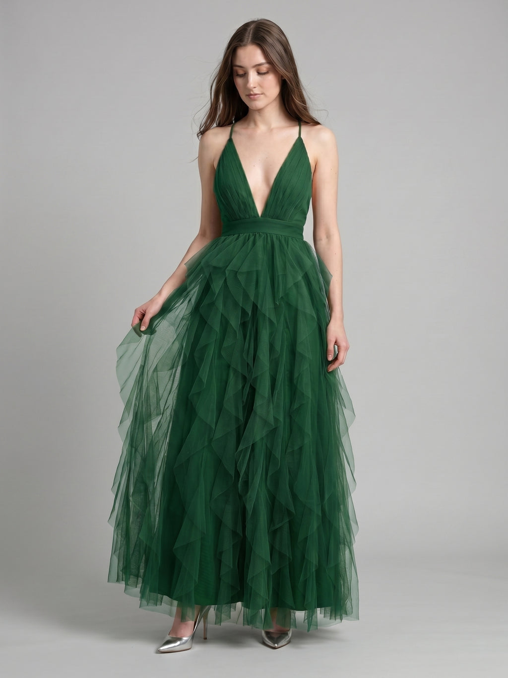 Emerald Tulle A-Line V-Neck Criss-Cross Back Floor-Length Cascading Ruffle Dress