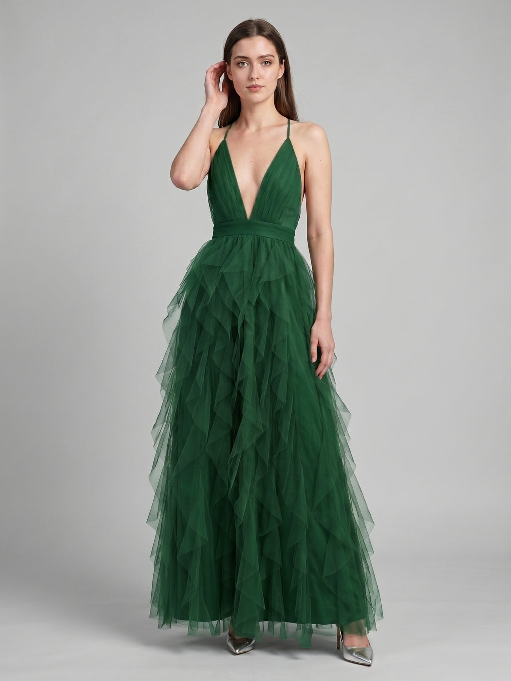 Emerald Tulle A-Line V-Neck Criss-Cross Back Floor-Length Cascading Ruffle Dress