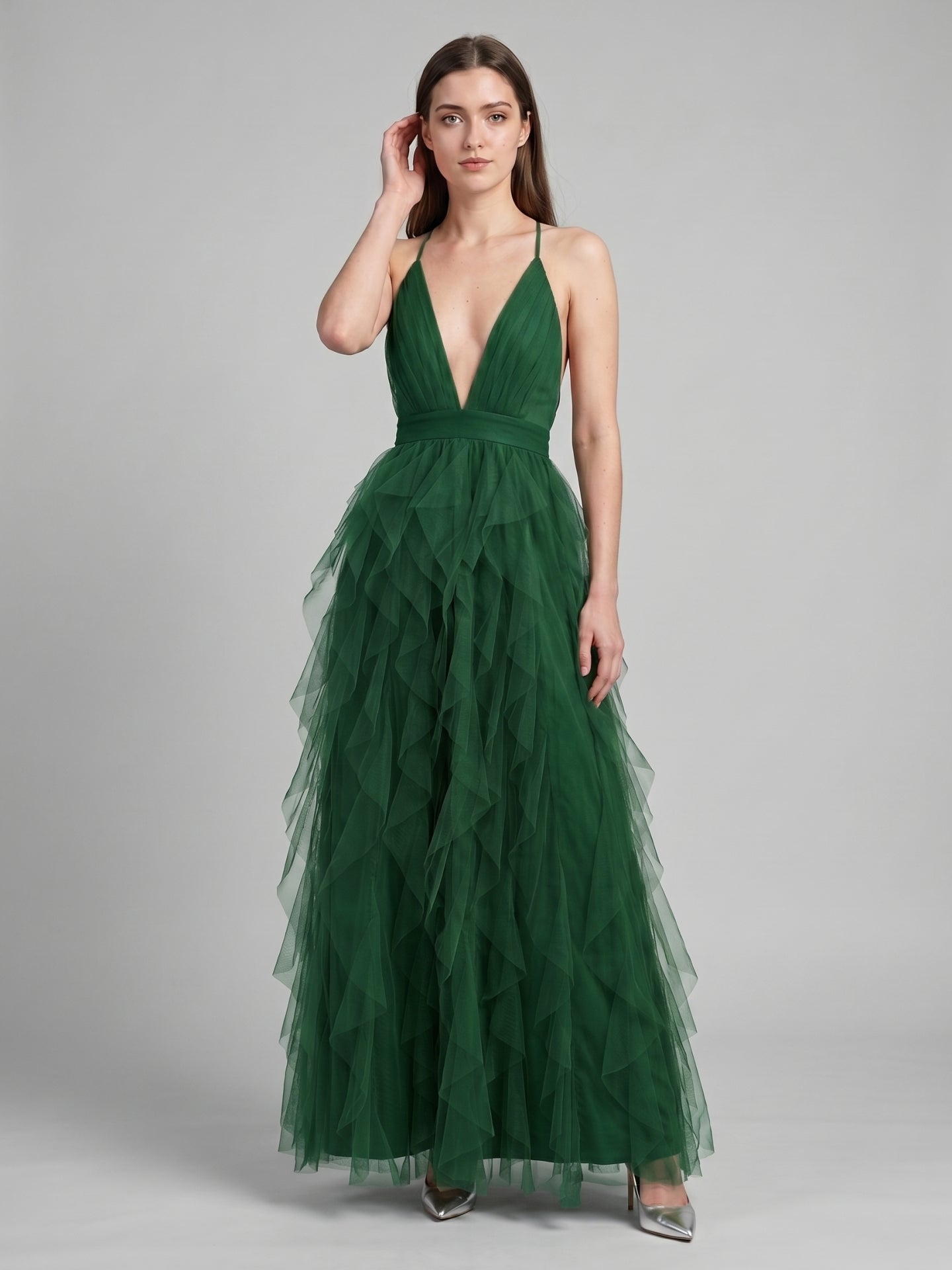 Emerald Tulle A-Line V-Neck Criss-Cross Back Floor-Length Cascading Ruffle Dress