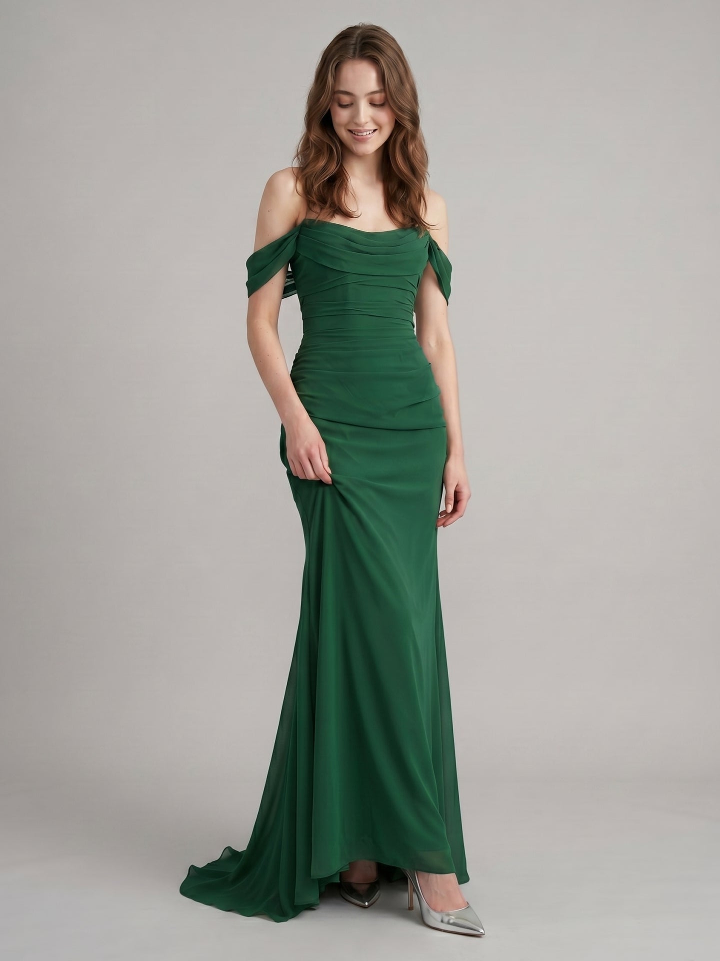 Emerald Chiffon Trumpet Off-the-Shoulder Backless Floor-Length Pleated Bridesmaid Dress