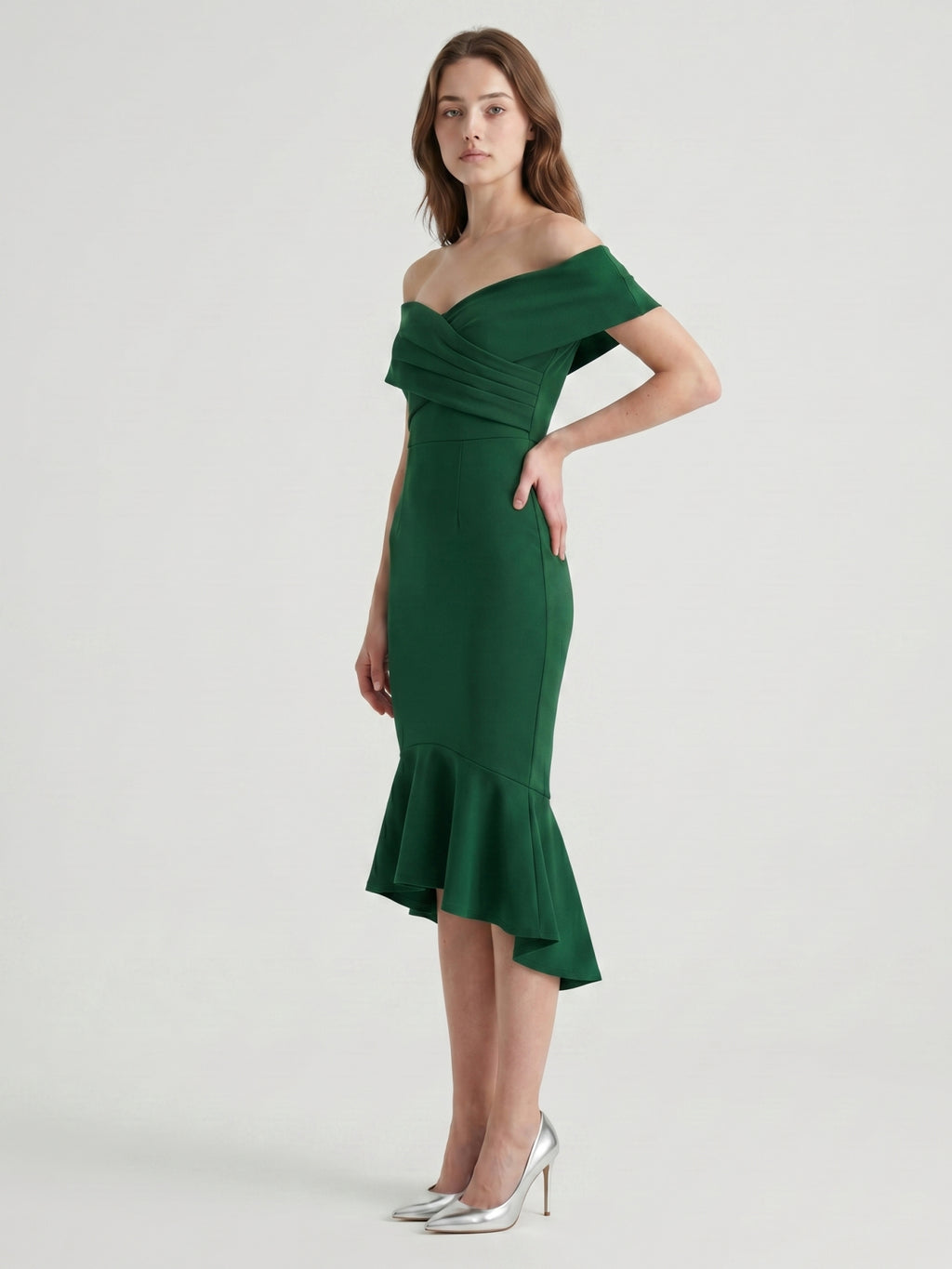 Emerald Stretch Knit Mermaid Off-the-Shoulder Back Zip Knee-Length Ruffle Dress