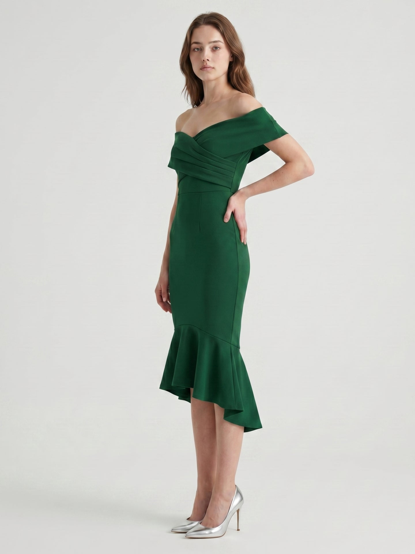 Emerald Stretch Knit Mermaid Off-the-Shoulder Back Zip Knee-Length Ruffle Dress