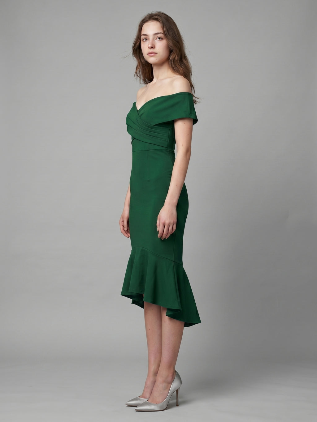 Emerald Stretch Knit Mermaid Off-the-Shoulder Back Zip Knee-Length Ruffle Dress