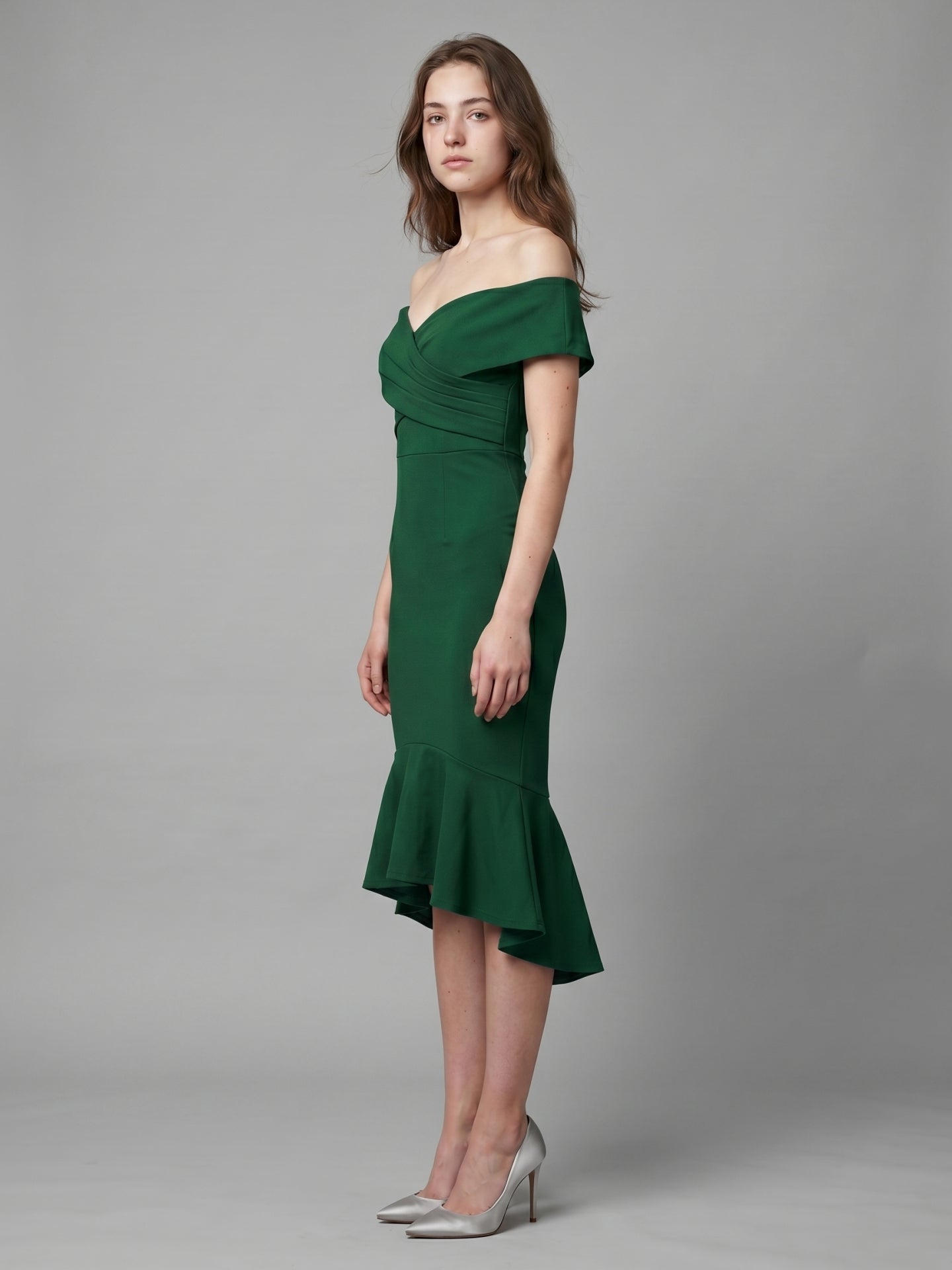 Emerald Stretch Knit Mermaid Off-the-Shoulder Back Zip Knee-Length Ruffle Dress
