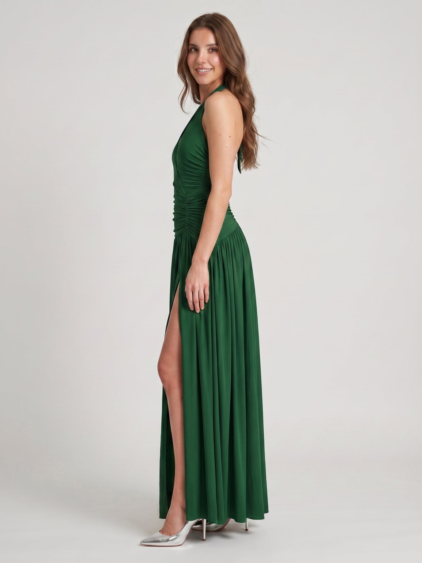 Emerald Stretch Knit A-Line V-Neck Backless Floor-Length Pleated Bridesmaid Dress