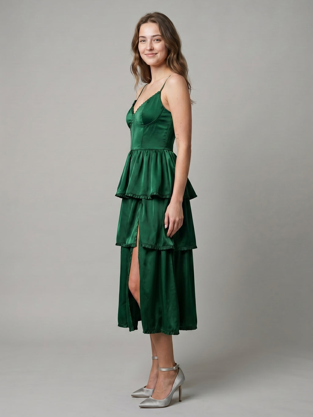 Emerald Satin A-Line Sweetheart Lace-Up Back Tea-Length Cascading Ruffle Dress