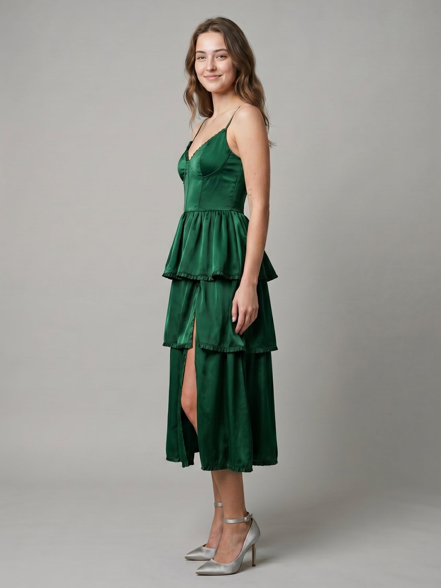 Emerald Satin A-Line Sweetheart Lace-Up Back Tea-Length Cascading Ruffle Dress