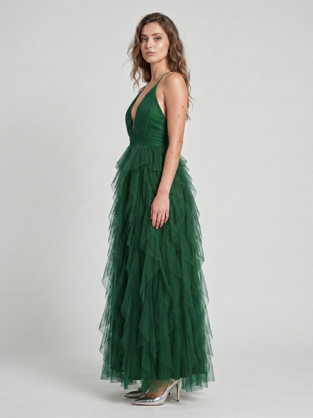 Emerald Tulle A-Line V-Neck Criss-Cross Back Floor-Length Cascading Ruffle Dress