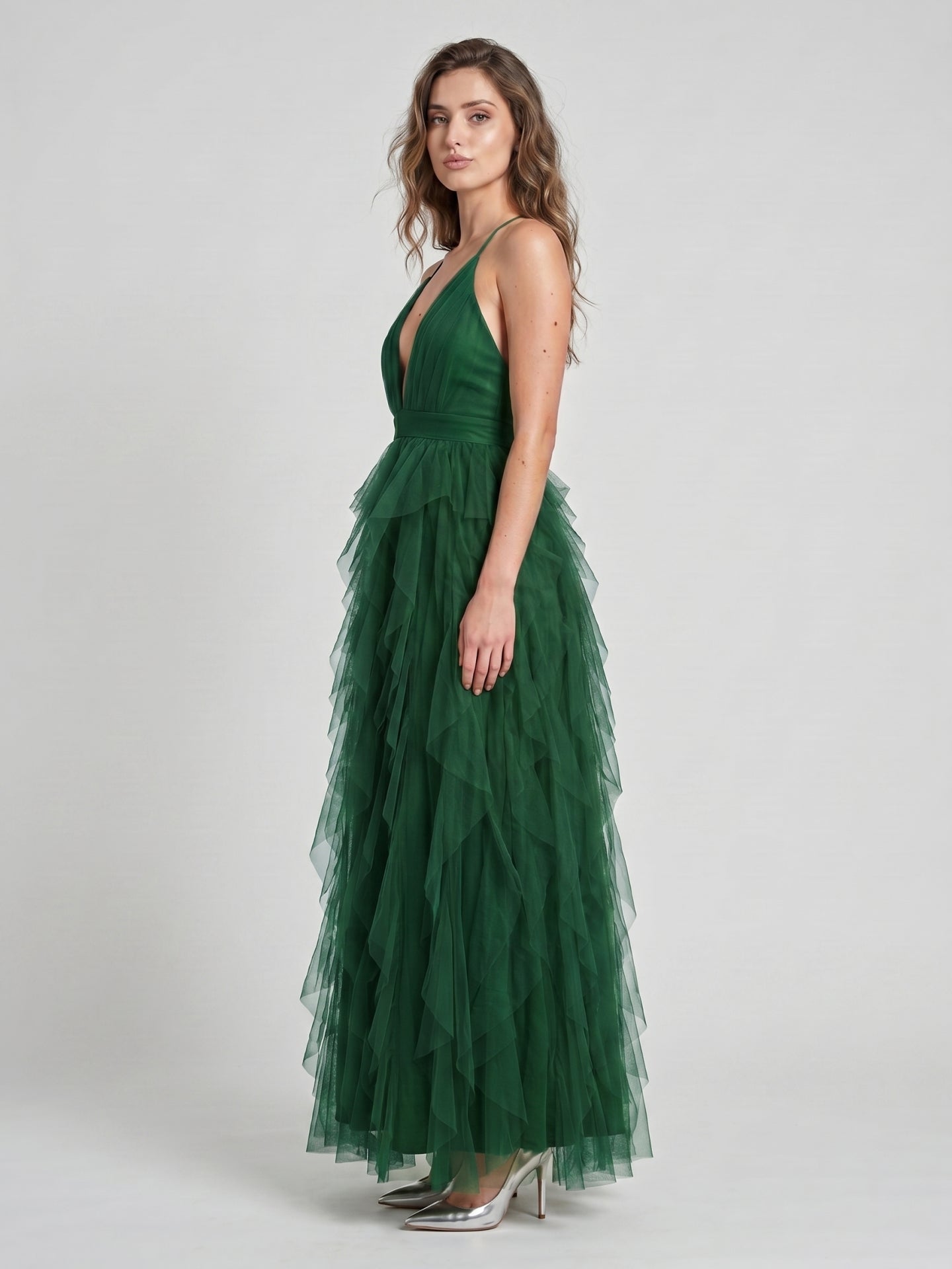 Emerald Tulle A-Line V-Neck Criss-Cross Back Floor-Length Cascading Ruffle Dress