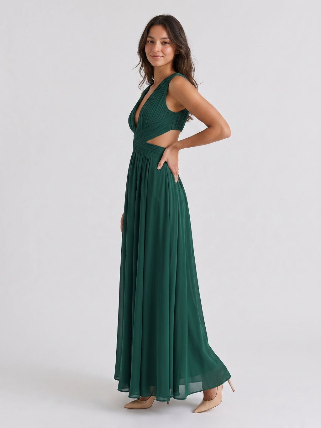 Emerald Chiffon A-Line V-Neck Back Zip Floor-Length Formal Dress with Pleating