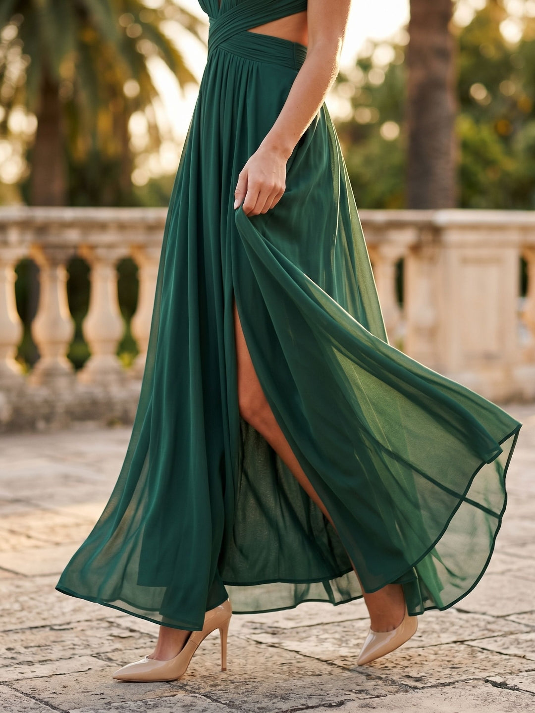 Emerald Chiffon A-Line V-Neck Back Zip Floor-Length Formal Dress with Pleating