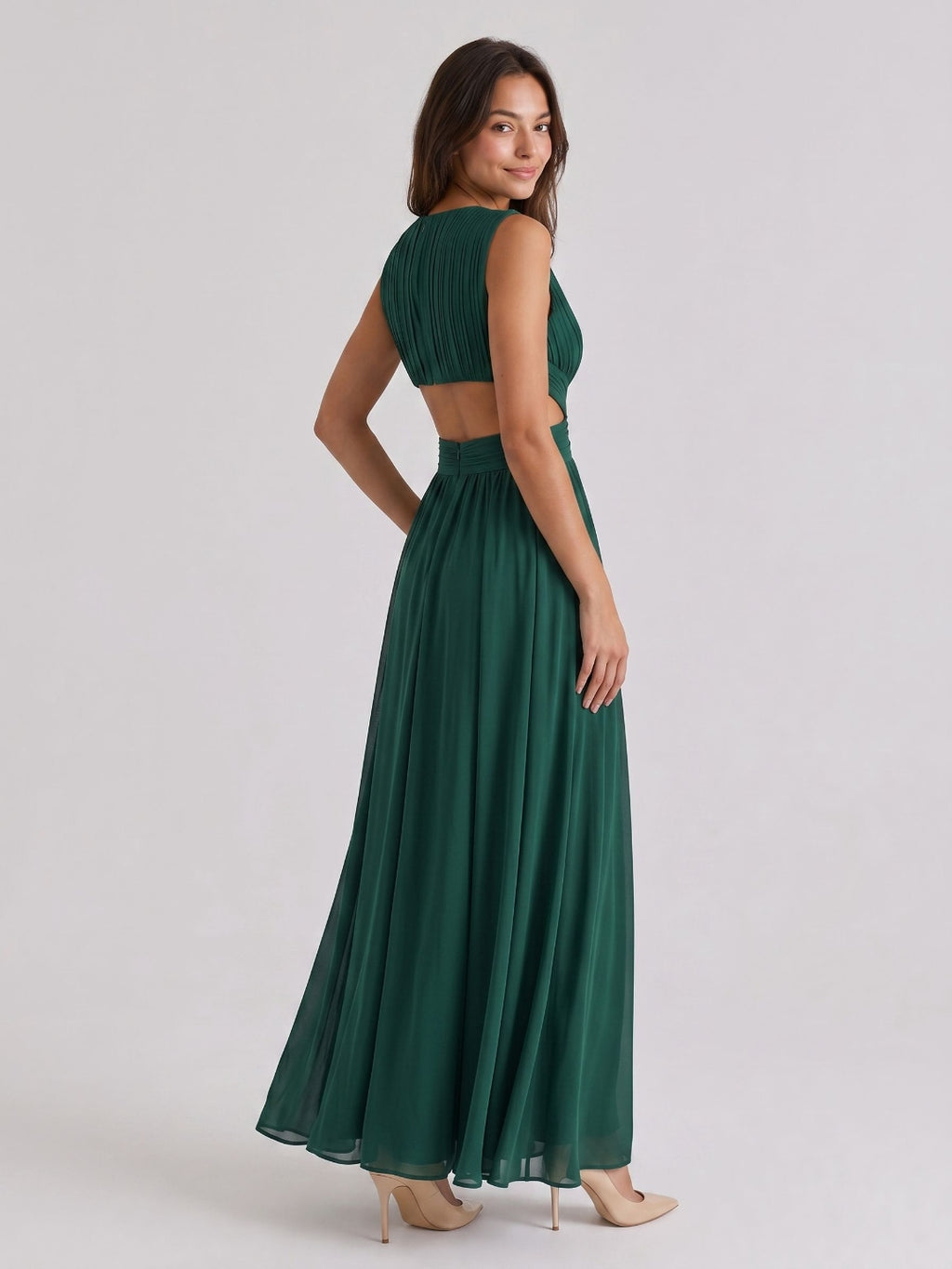 Emerald Chiffon A-Line V-Neck Back Zip Floor-Length Formal Dress with Pleating